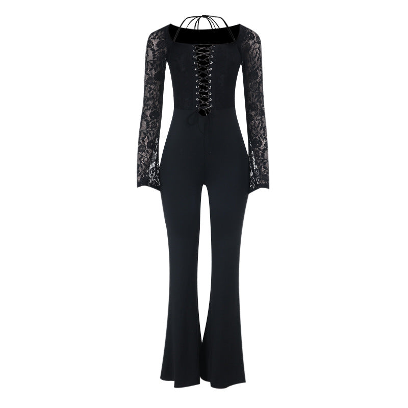 Long sleeve halter lace up lace jumpsuit  | Festival Outfits Women