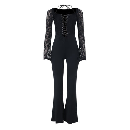 Long sleeve halter lace up lace jumpsuit  | Festival Outfits Women