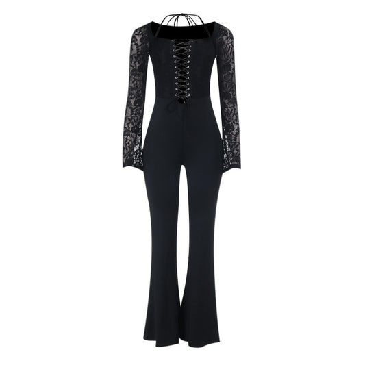 Long sleeve halter lace up lace jumpsuit  | Festival Outfits Women