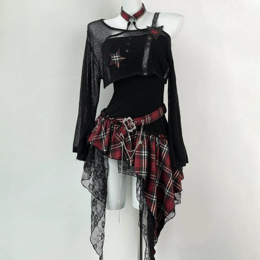 Long sleeve irregular plaid ruffle 2 piece mini dress  | Festival Outfits Women