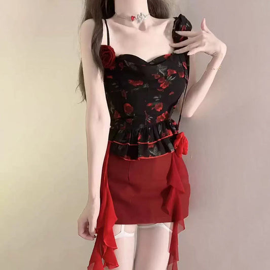 Cowl neck flower applique print ruched cami mini skirt set  | Festival Outfits Women
