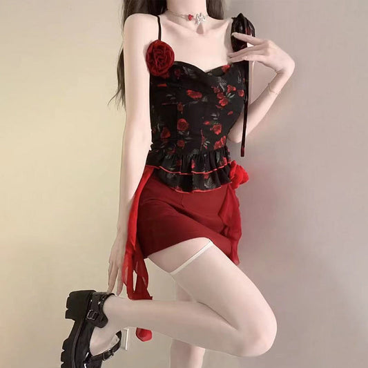 Cowl neck flower applique print ruched cami mini skirt set  | Festival Outfits Women