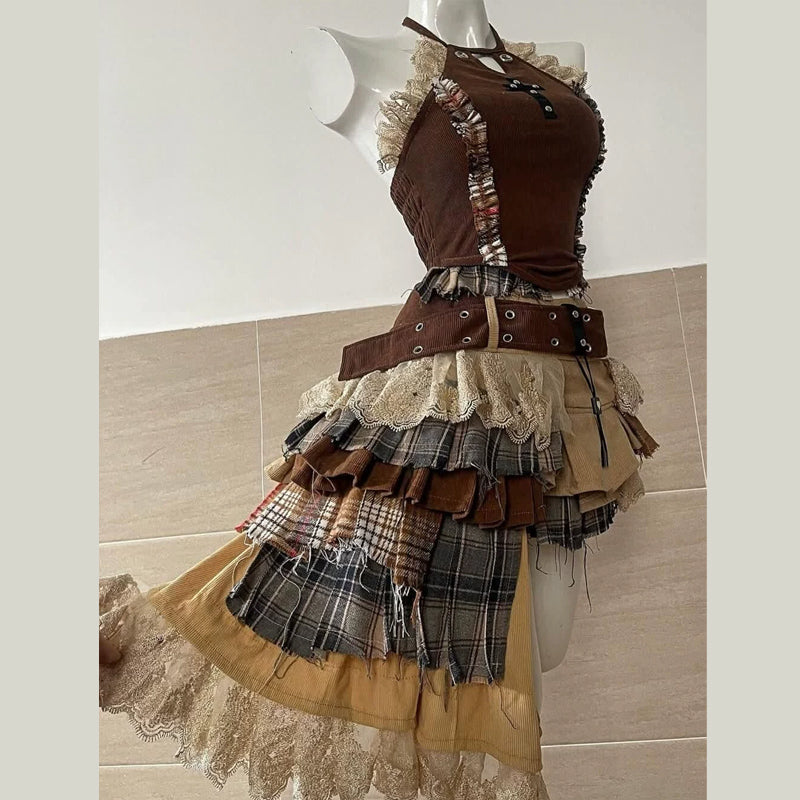 Lace hem hollow out irregular plaid mini skirt set  | Festival Outfits Women