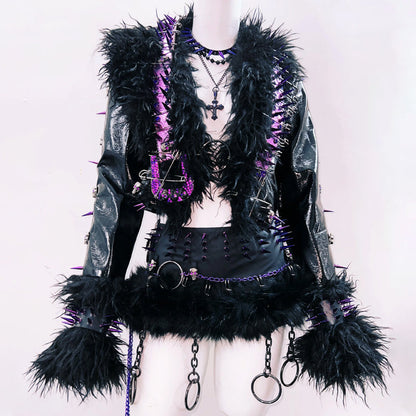 Fluffy long sleeve rivet applique o ring top  | Festival Outfits Women