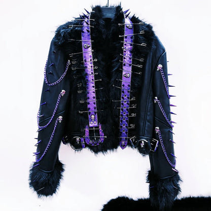 Long sleeve fluffy o ring metal chain rivet applique top  | Festival Outfits Women