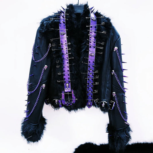 Long sleeve fluffy o ring metal chain rivet applique top | Festival Outfits Women