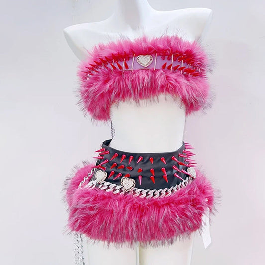 Fluffy rivet applique self tie backless tube top  | Festival Outfits Women