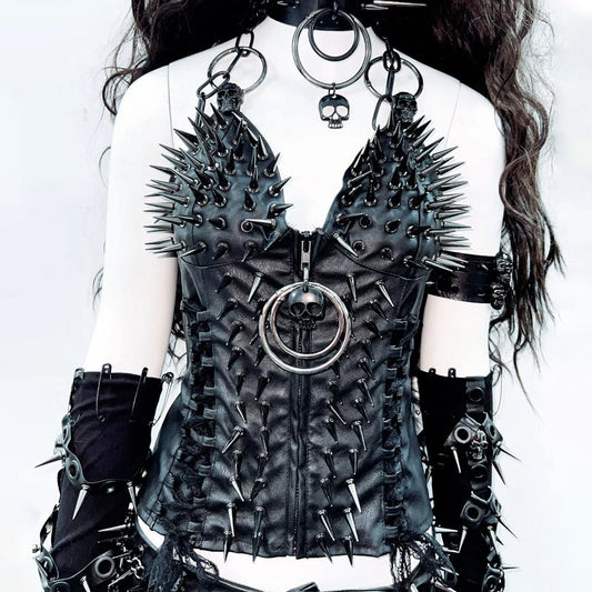 O ring zip-up rivet applique v neck PU leather top  | Festival Outfits Women