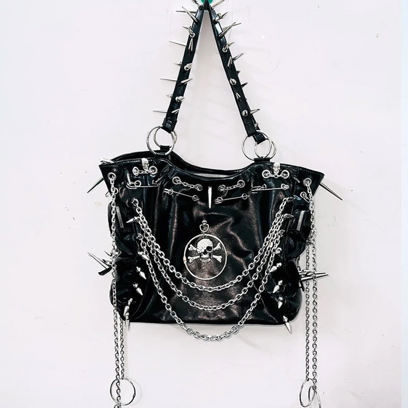 Metal chain o ring rivet applique PU leather handbag  | Festival Outfits Women