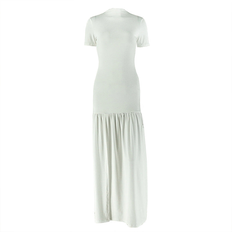 Crewneck short sleeve ruched solid maxi dress  | Festival Outfits Women