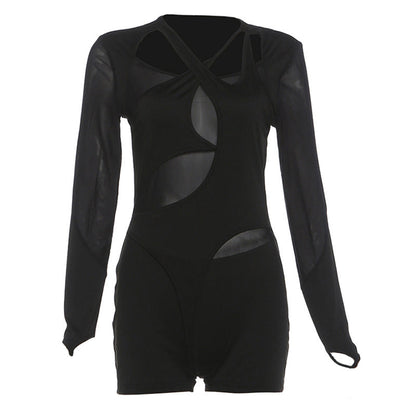 Hollow out long sleeve mesh gloves romper  | Festival Outfits Women