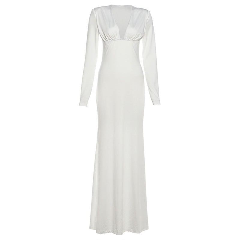 Long sleeve v neck low cut solid maxi dress  | Festival Outfits Women