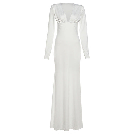 Long sleeve v neck low cut solid maxi dress  | Festival Outfits Women