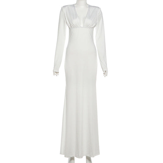 Long sleeve v neck low cut solid maxi dress  | Festival Outfits Women