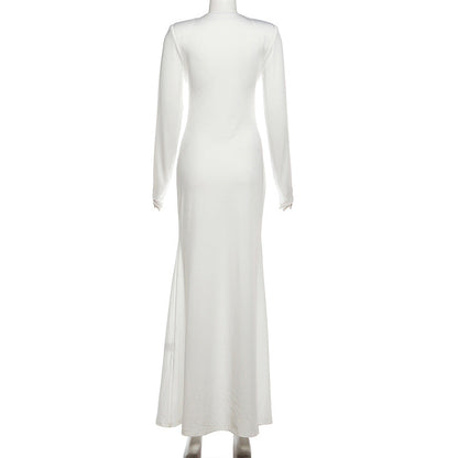 Long sleeve v neck low cut solid maxi dress  | Festival Outfits Women