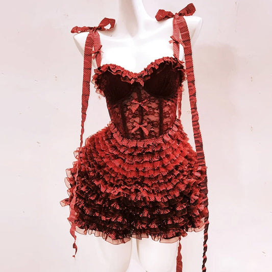 Bowknot ruffle polka dot v neck cami mini skirt set  | Festival Outfits Women