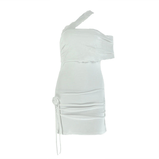 One shoulder mesh flower applique slit mini dress  | Festival Outfits Women