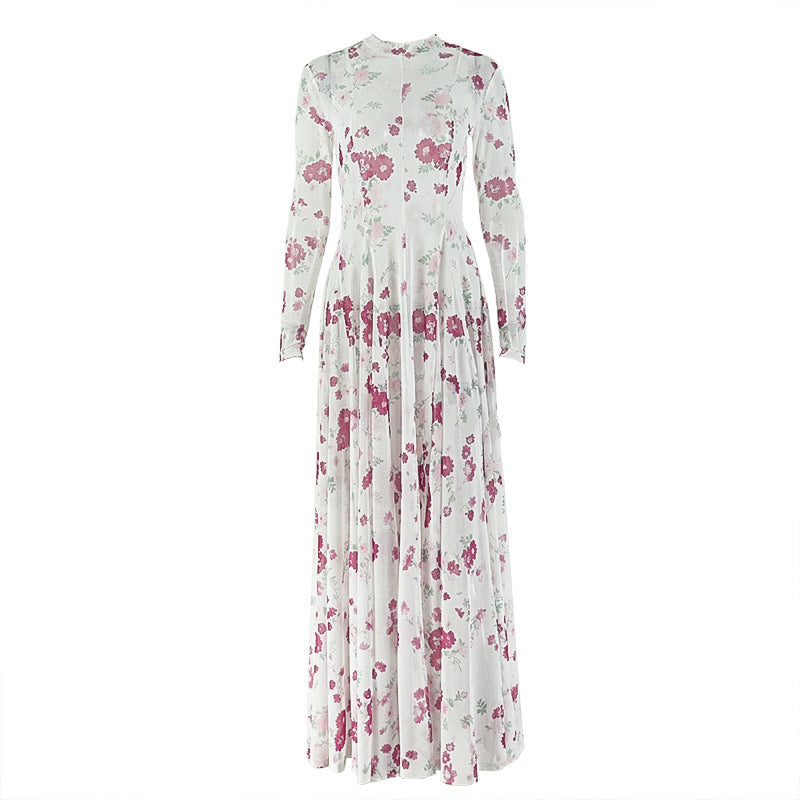 Long sleeve crewneck flower print mesh maxi dress  | Festival Outfits Women