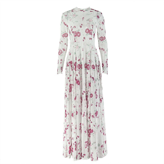 Long sleeve crewneck flower print mesh maxi dress  | Festival Outfits Women
