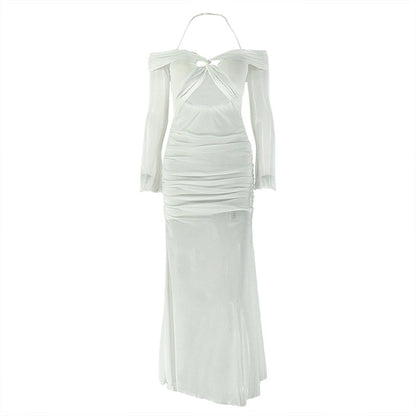 Long sleeve off shoulder halter hollow out mesh cut out maxi dress  | Festival Outfits Women