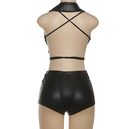 Self tie cross back PU leather low rise pant set  | Festival Outfits Women