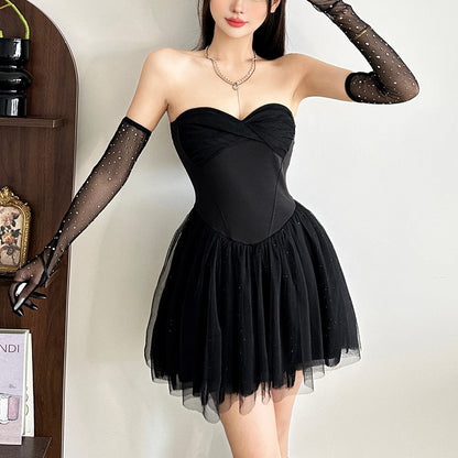 Sweetheart neck mesh glitter tube mini dress  | Festival Outfits Women