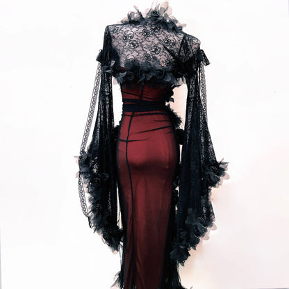 Long flared sleeve lace flower applique beaded maxi dress  | Festival Outfits Women