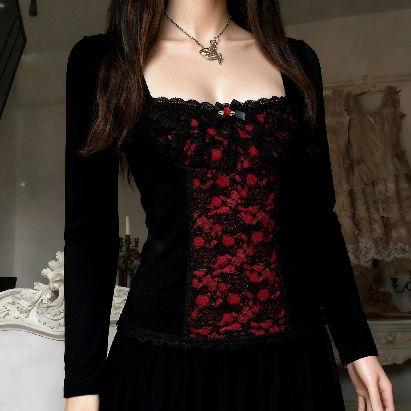 Square neck long sleeve flower applique lace top  | Festival Outfits Women