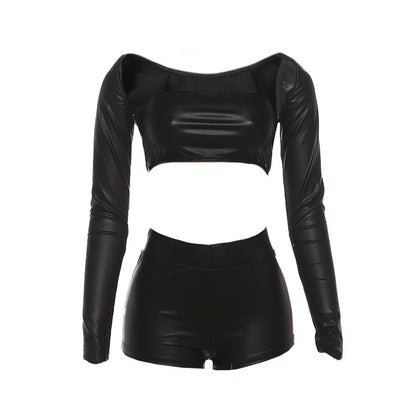 Long sleeve PU leather medium rise pant set  | Festival Outfits Women