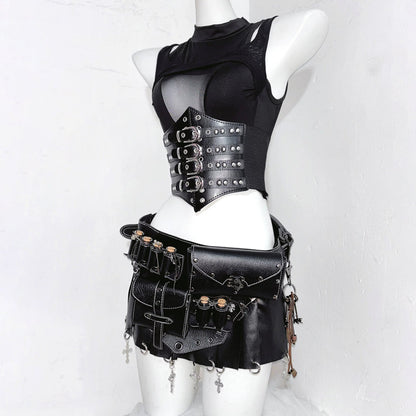 Crewneck hollow out corset PU leather cut out top  | Festival Outfits Women