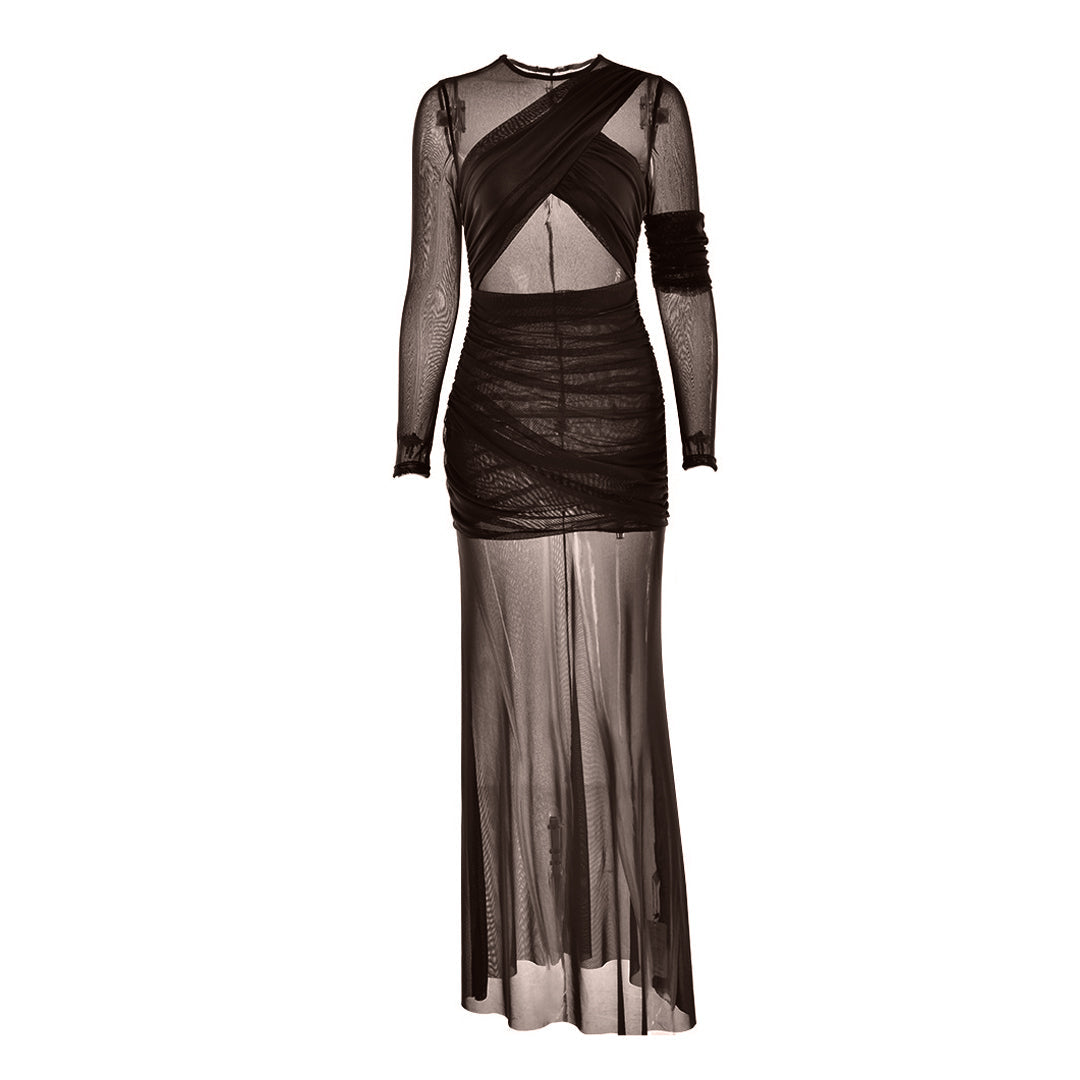 Crewneck long sleeve mesh ruched maxi dress  | Festival Outfits Women