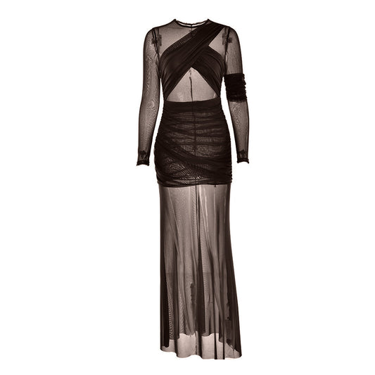 Crewneck long sleeve mesh ruched maxi dress  | Festival Outfits Women