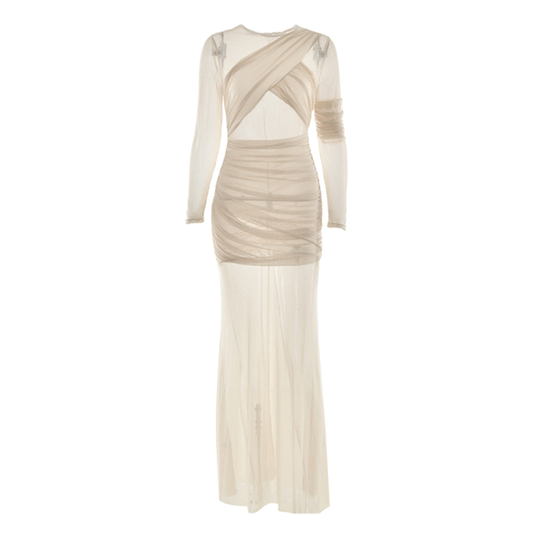Crewneck long sleeve mesh ruched maxi dress  | Festival Outfits Women