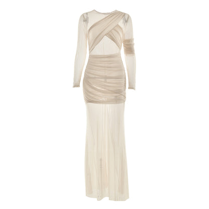 Crewneck long sleeve mesh ruched maxi dress  | Festival Outfits Women