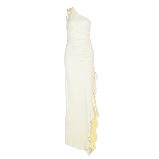 Irregular one shoulder slit ruffle ruched maxi dress  | Festival Outfits Women