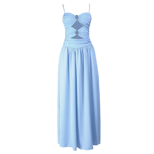 O ring hollow out ruched backless cami cut out maxi dress  | Festival Outfits Women