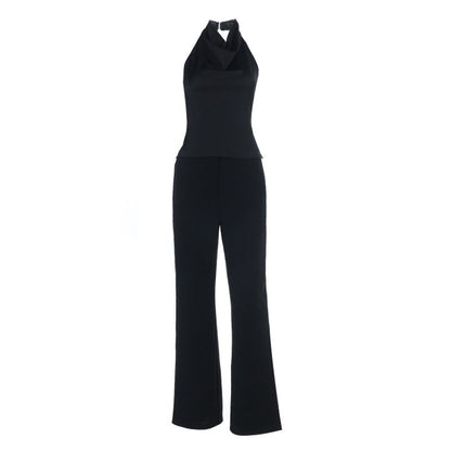 Halter backless solid button pant set  | Festival Outfits Women