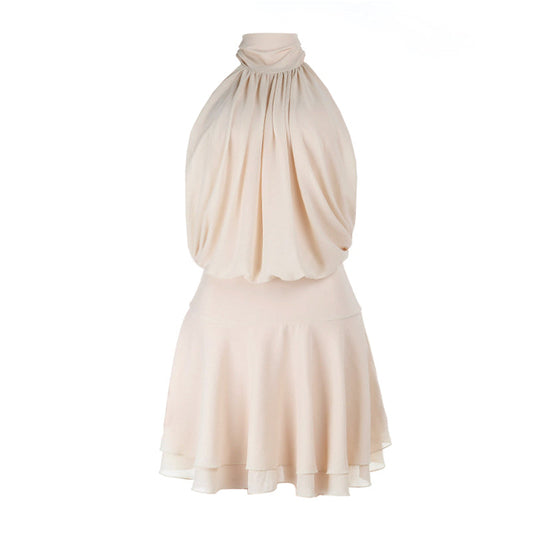 Ruched self tie halter chiffon zip-up mini dress  | Festival Outfits Women