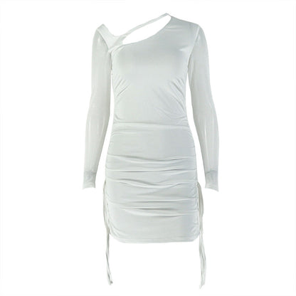 Long sleeve mesh hollow out ruched cut out mini dress  | Festival Outfits Women