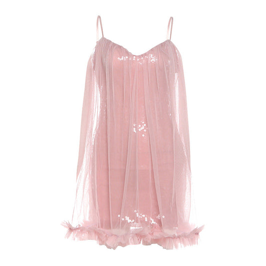 Glitter mesh v neck ruffle cami mini dress  | Festival Outfits Women