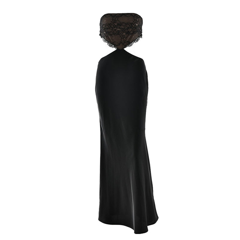 Lace hem zip-up backless tube maxi dress  | Festival Outfits Women