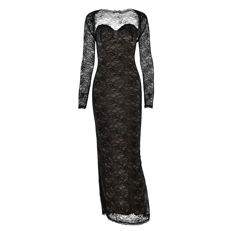 Long sleeve lace sweetheart neck 2 piece maxi dress  | Festival Outfits Women