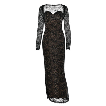 Long sleeve lace sweetheart neck 2 piece maxi dress  | Festival Outfits Women
