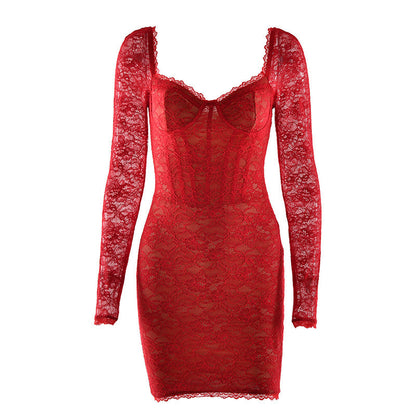 Lace long sleeve v neck backless mini dress  | Festival Outfits Women