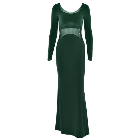 Long sleeve u neck mesh patchwork maxi dress  | Festival Outfits Women