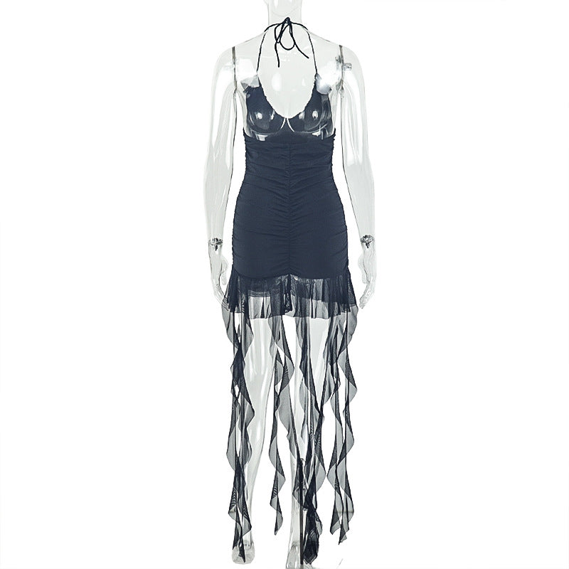 Halter self tie v neck ruched mini dress  | Festival Outfits Women