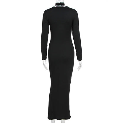 Long sleeve hollow out crewneck solid cut out midi dress  | Festival Outfits Women