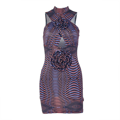 Hollow out flower applique print crewneck cut out mini dress  | Festival Outfits Women