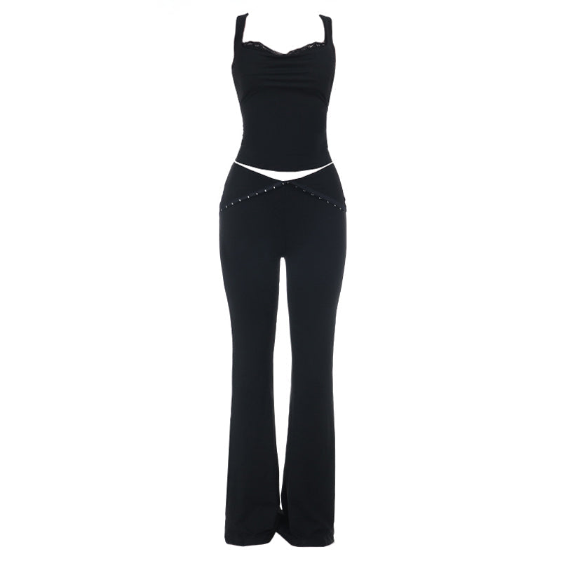 V neck lace hem low rise backless cami pant set  | Festival Outfits Women