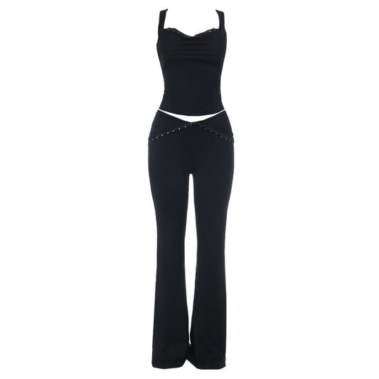 V neck lace hem low rise backless cami pant set  | Festival Outfits Women